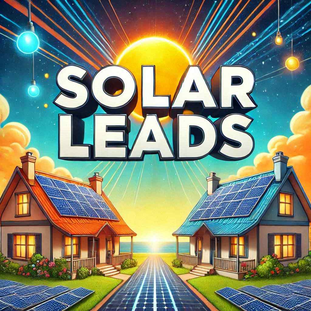 A vibrant illustration of two houses with solar panels under a bright sun. The solar agent acquired this client from a list of aged solar leads from Aged Leads Depot.
