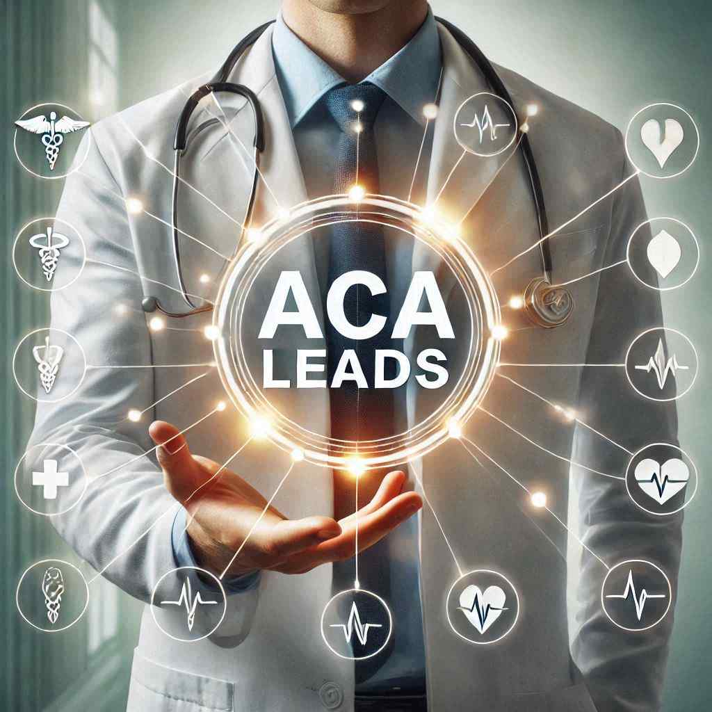 A healthcare professional in a white coat holds out a hand with a glowing ACA symbol surrounded by health icons. The ACA agent secured this client from a list of aged ACA leads from Aged leads Depot.