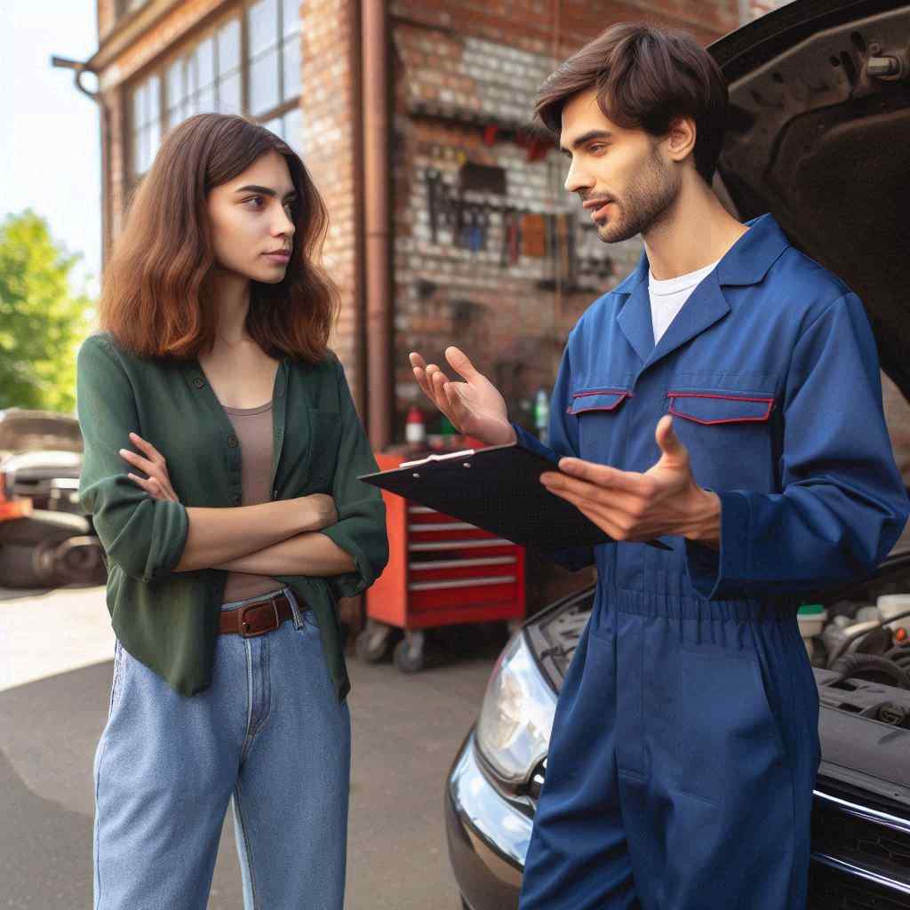 An auto mechanic explains service details to a prospect he obtained from a list of auto warranty internet leads from Aged Leads Depot, standing beside a car.
