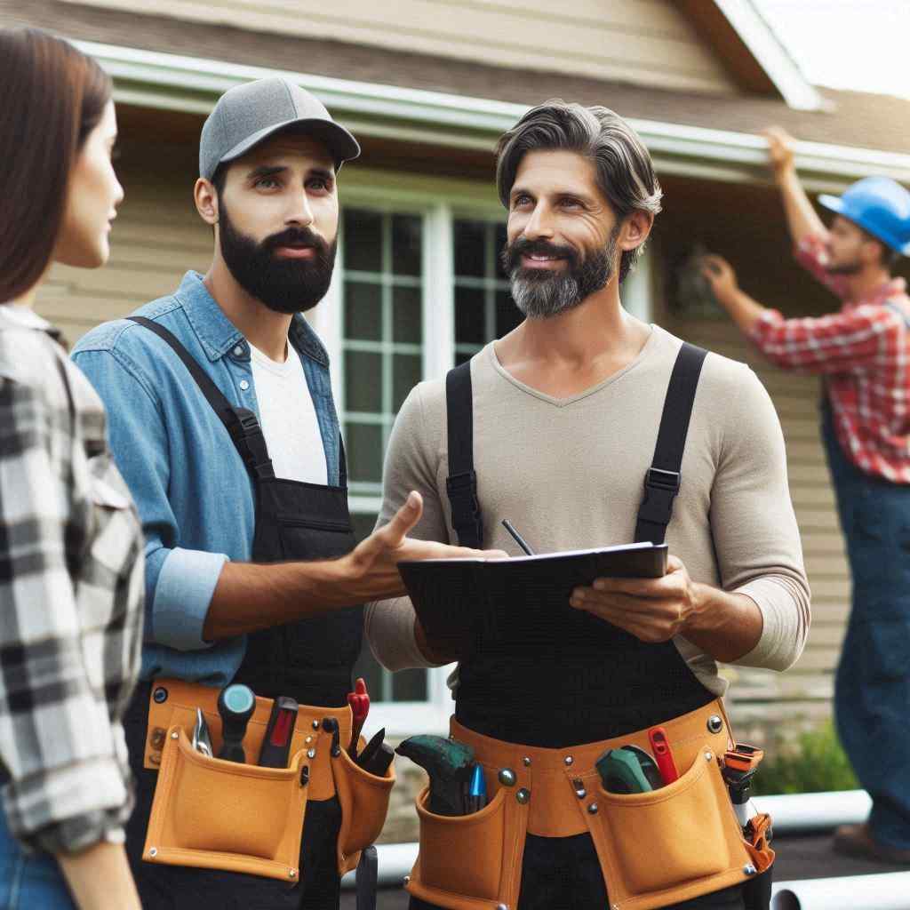 A roofing agent acquired this client from a list of leads for roofing contractors from Aged Leads Depot, as two workers consult with a woman while another works on a house in the background.
