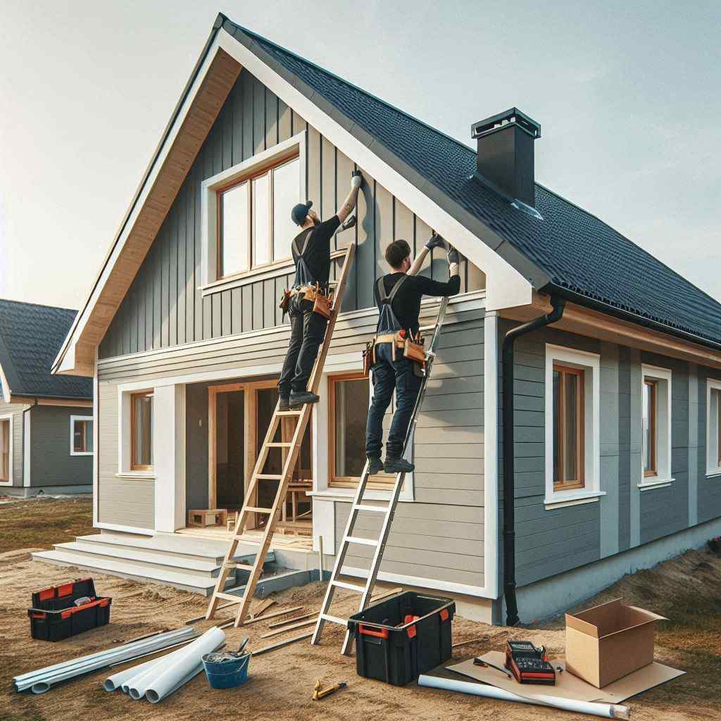 Two siding agents work on a house, indicating that they acquired this client from a list of vinyl siding leads from Aged Leads Depot.