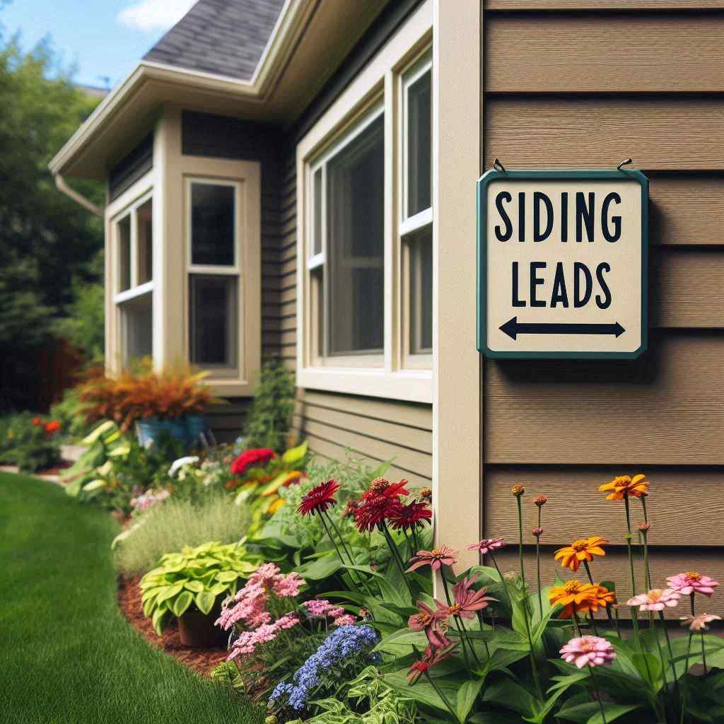 A sign reading "SIDING LEADS" hangs on a house, indicating that the siding agent secured this client from a list of siding leads. from Aged Leads Depot