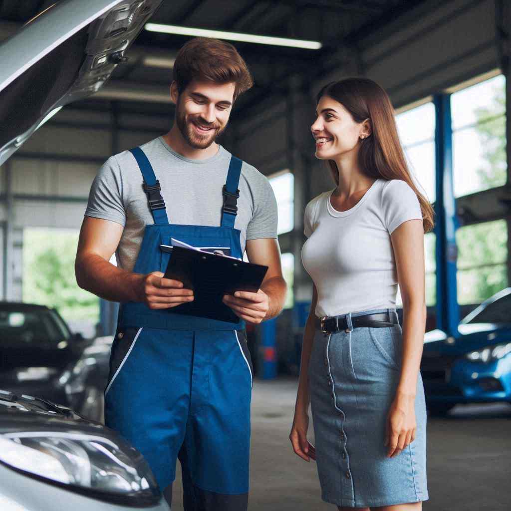 An auto repair technician discusses options with a smiling prospect he acquired from a list of extended auto warranty leads from Aged Leads Depot, standing by an open car hood.