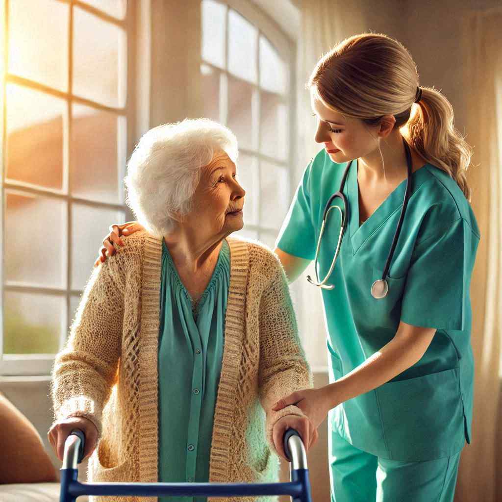 A doctor in teal scrubs helps an elderly woman with a walker, smiling warmly. The sunlight fills the room, highlighting their connection. The doctor received this patient from a list of aged DME leads from Aged Leads Depot.