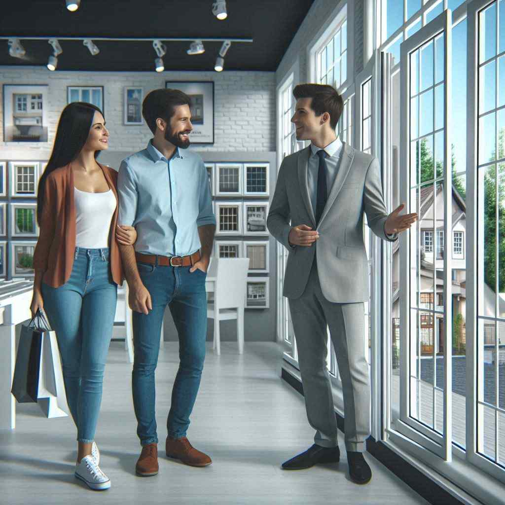 A window installation agent shows options to a couple in a showroom, indicating that he acquired this client from a list of window installation leads from Aged Leads Depot.