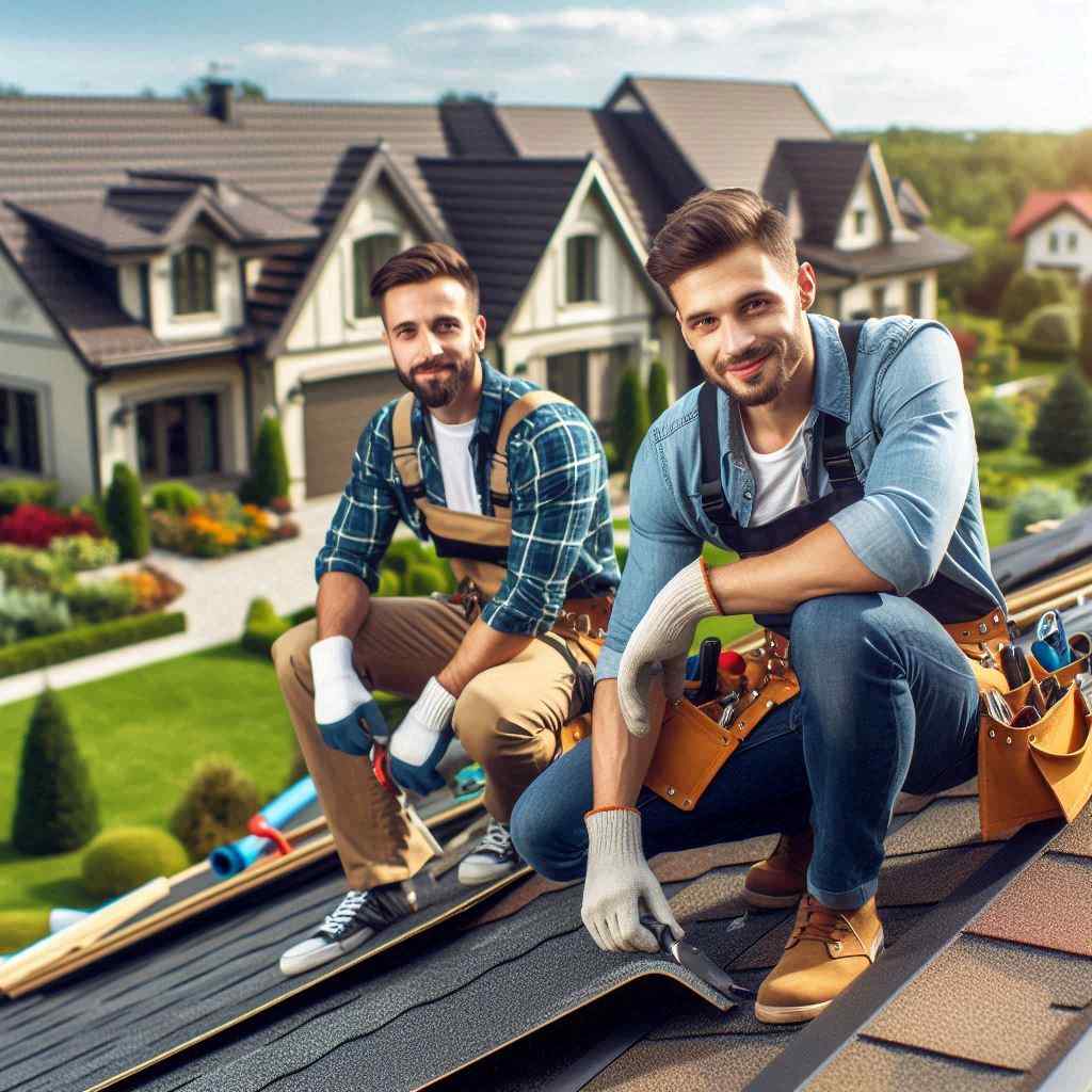 A roofing agent acquired this client from a list of repair leads from Aged Leads Depot, featuring two workers on a roof smiling with tools in hand and houses in the background.