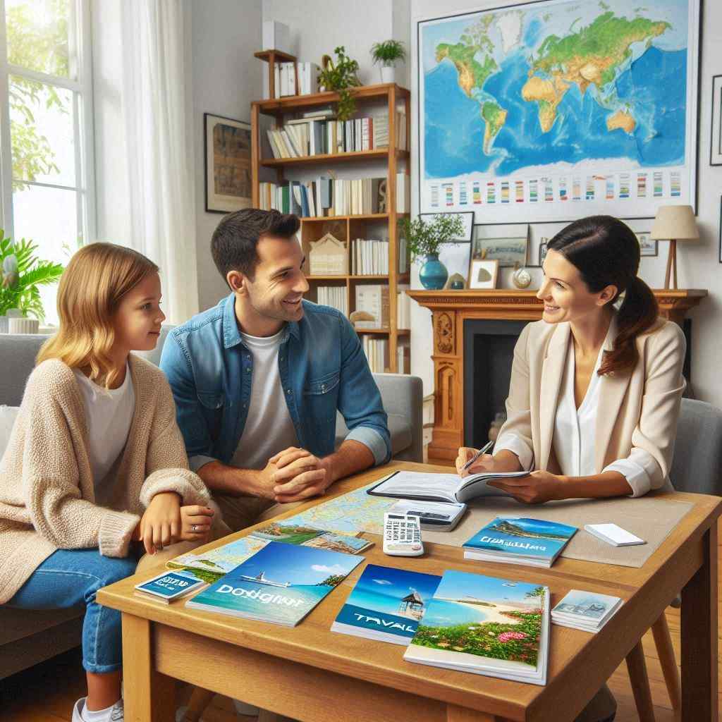 A travel agent sits at a table with a father and daughter, reviewing brochures, having acquired this client from a list of travel agency leads from Aged Leads Depot.