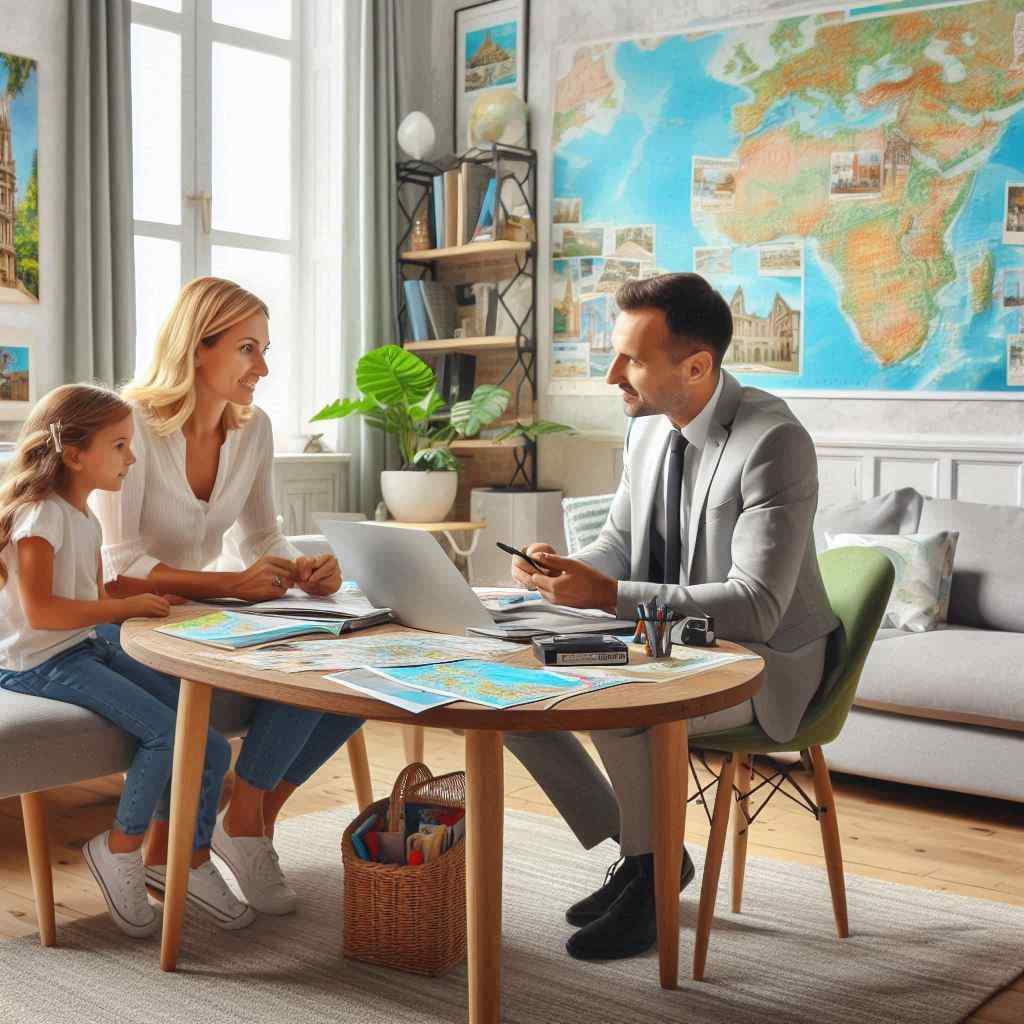 A travel agent meets with a mother and daughter at a table in a cozy office, having acquired this client from a list of online travel leads from Aged Leads Depot.