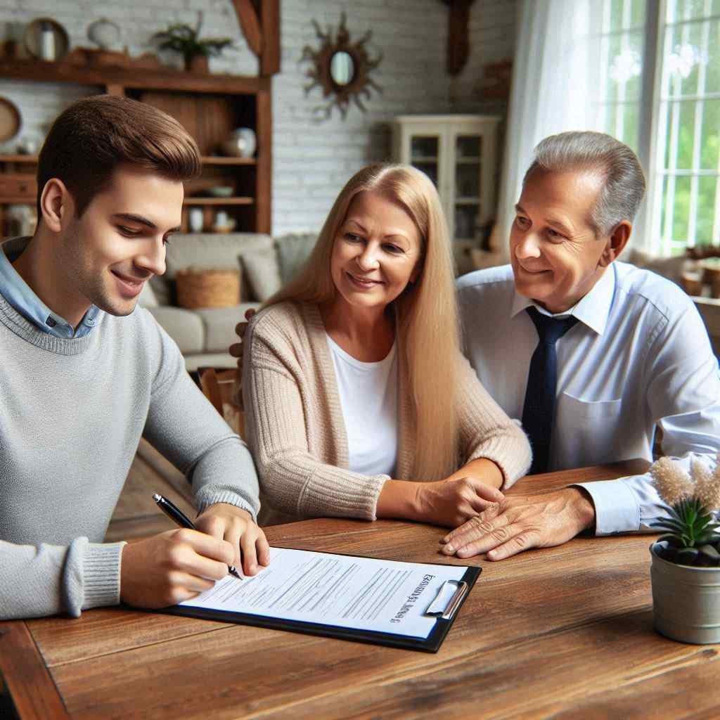 A smiling young man sits at a table with an older couple, signing a document on a clipboard. The atmosphere is friendly and professional, highlighting the relationship formed through home insurance leads, from Aged Leads Depot as the salesperson engages with the couple regarding their insurance choices.