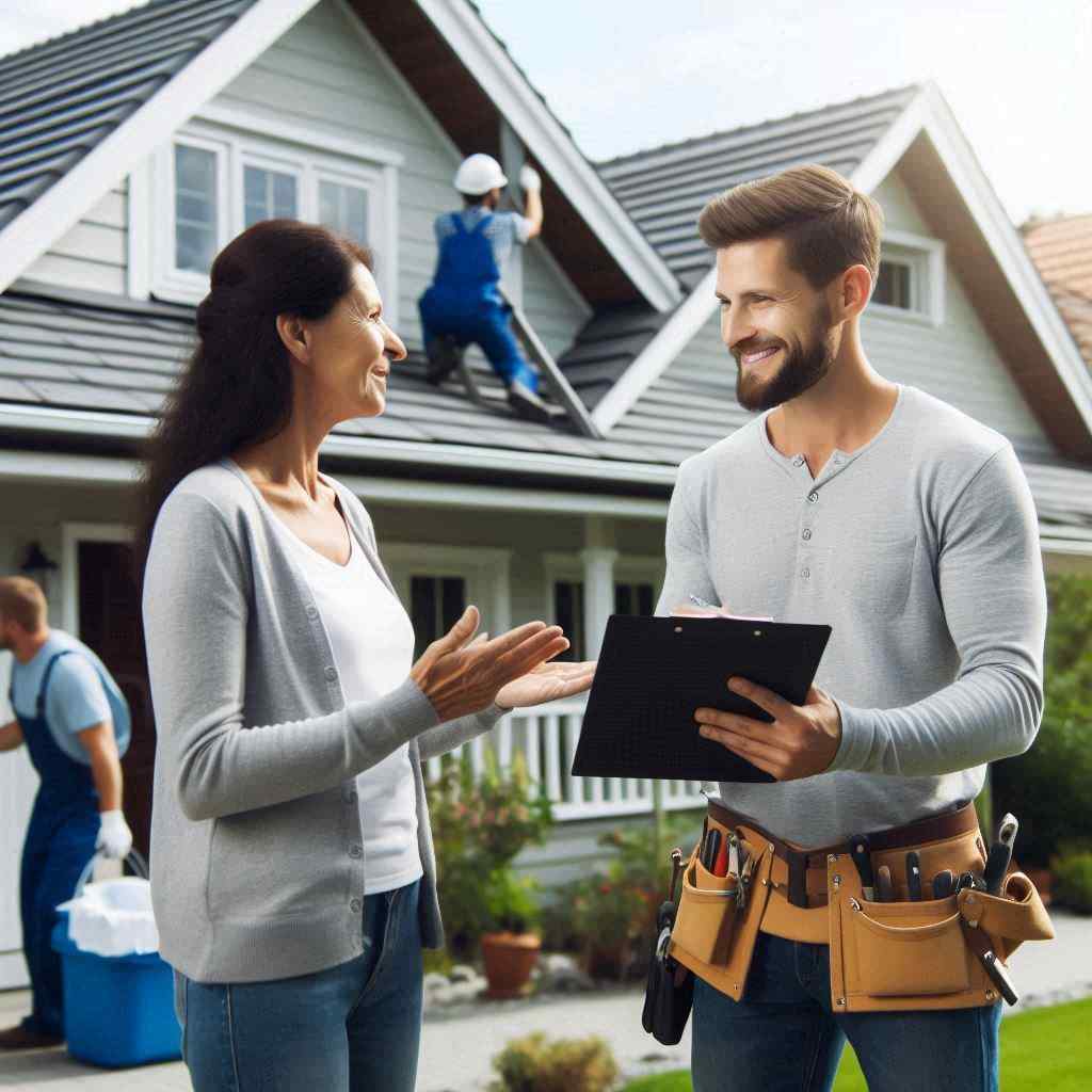 A roofing agent secured this client from a list of roofing job leads from Aged Leads Depot, as he speaks with a woman while a worker is on the roof in the background.