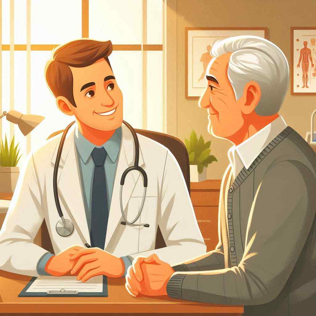 A Medicare health professional, depicted in a warm and inviting illustration, smiles while speaking with an older man in a well-lit office. The agent discusses healthcare options, emphasizing insights gained from a list of prospects. This engaging conversation highlights the significance of utilizing cheap Medicare leads from Aged Leads Depot to effectively connect with potential clients.