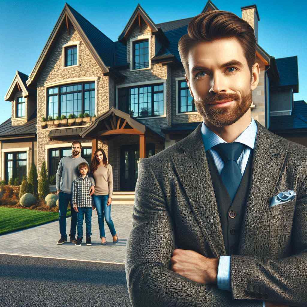 A confident salesperson stands with arms crossed in front of a beautiful home, while a family poses nearby. The scene illustrates a successful interaction, highlighting that the salesperson acquired this prospect from a list of homeowners insurance leads from Aged Leads Depot.
