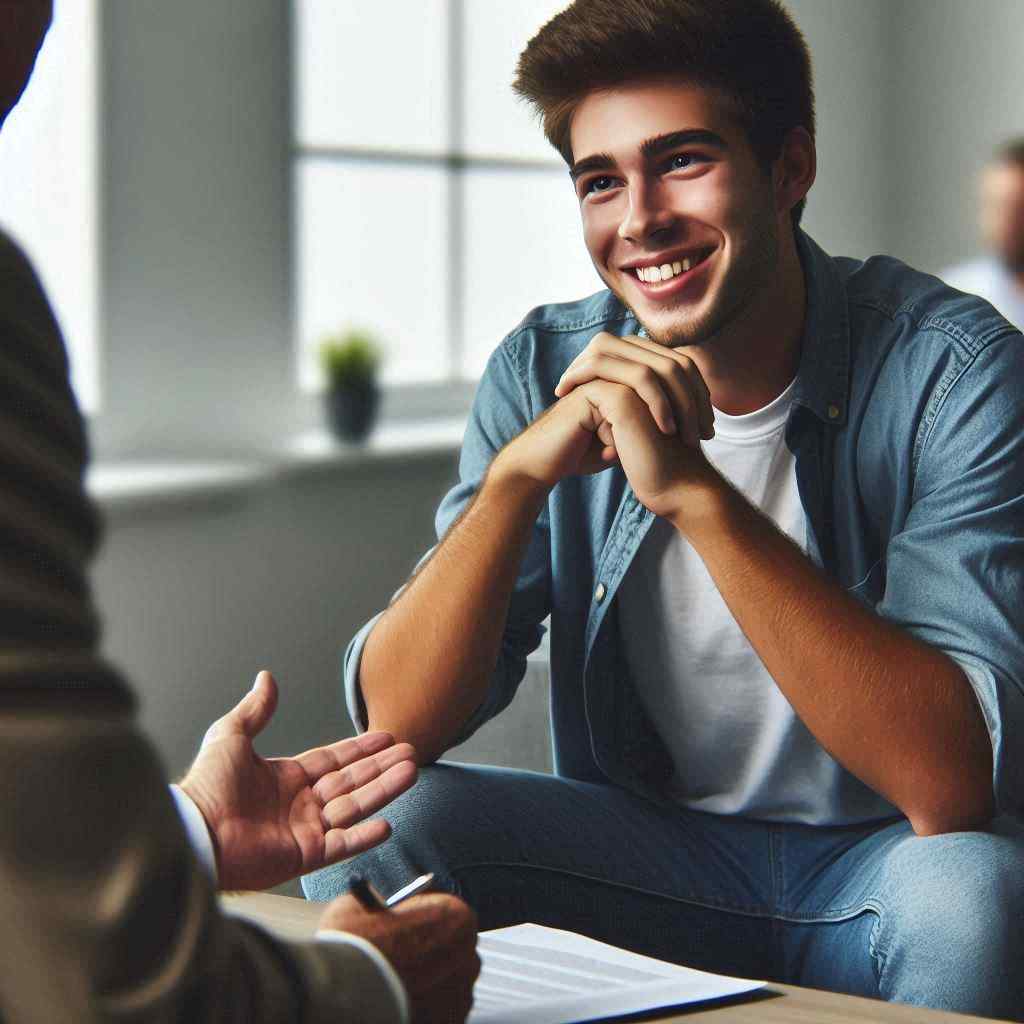 An MVA lawyer speaks with a smiling young client, highlighting that he secured this client from a list of auto personal injury leads from Aged Leads Depot.