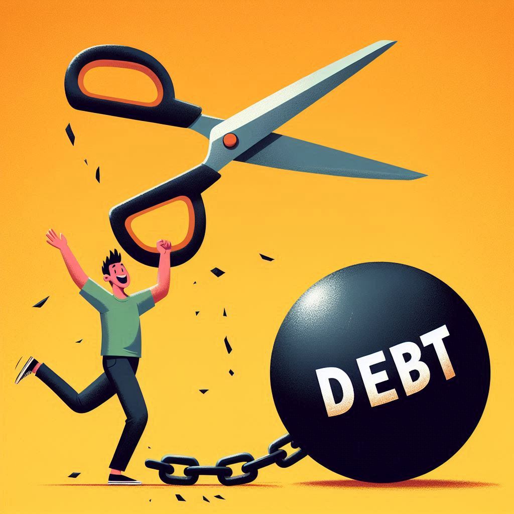 A person joyfully cuts a chain labeled "DEBT" with scissors, representing debt consolidation leads from Aged Leads Depot.