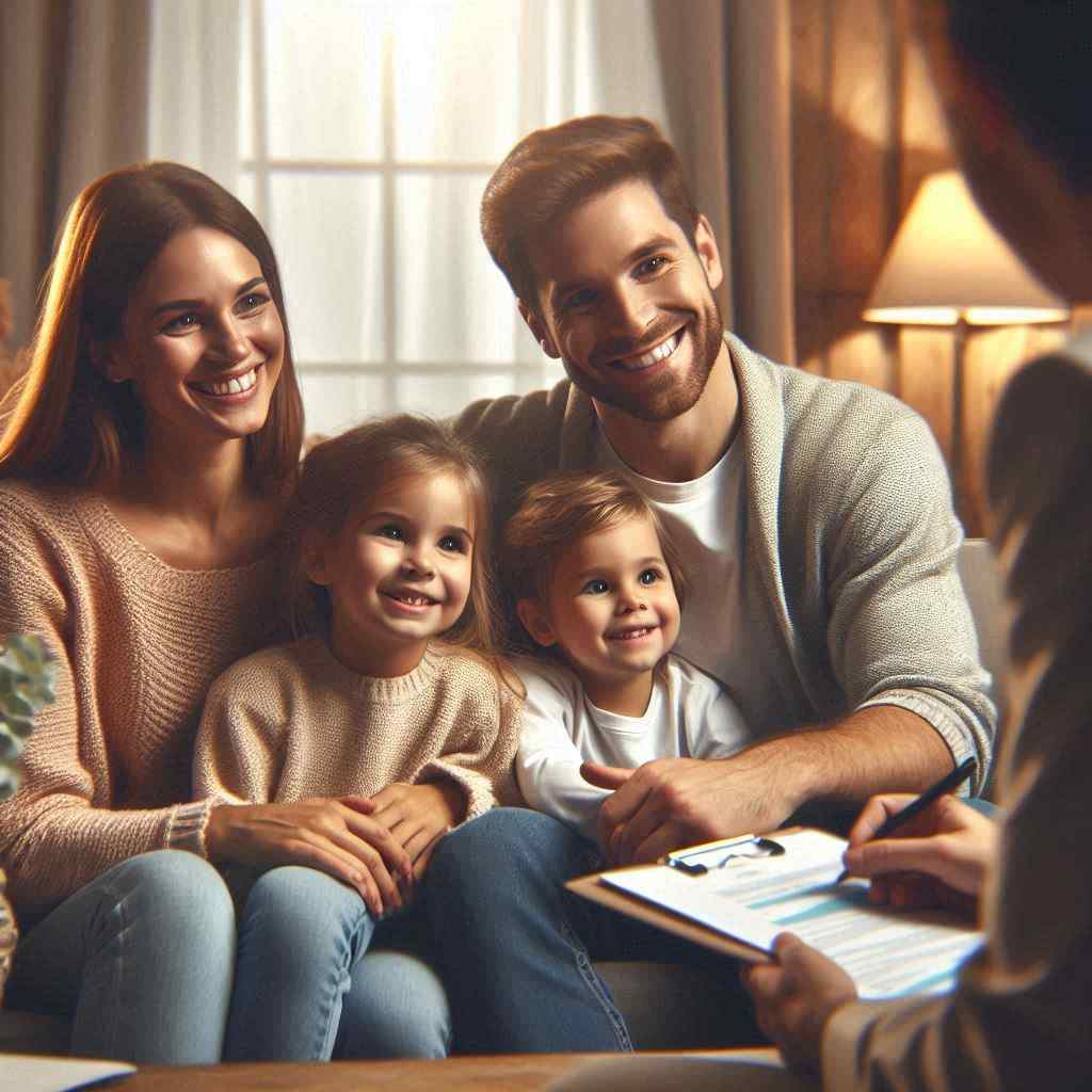 doctor engages warmly with a smiling family on a couch, discussing their healthcare needs. This meeting highlights the connection made through Affordable Care Act leads from Aged Leads Depot, emphasizing supportive medical care.