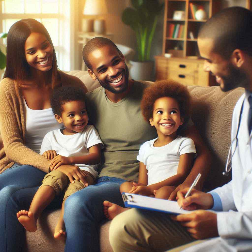 A doctor discusses options with a joyful family seated on a couch, taking notes during their consultation. This interaction underscores the connection made through Affordable Care Act leads from Aged Leads Depot, focusing on personalized healthcare.