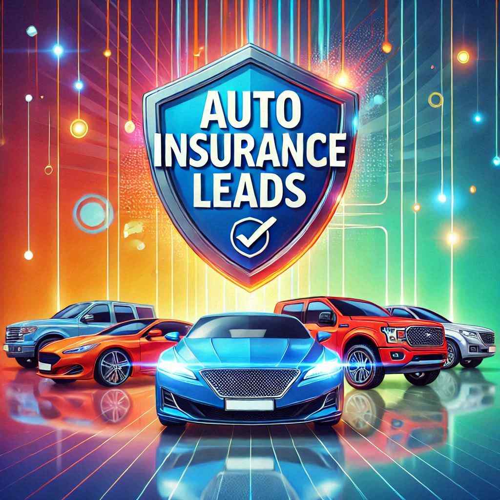 A vibrant graphic showcases a shield with the text "AUTO INSURANCE LEADS" prominently displayed. Several stylish vehicles in various colors are featured in the foreground against a colorful, digital-themed background.