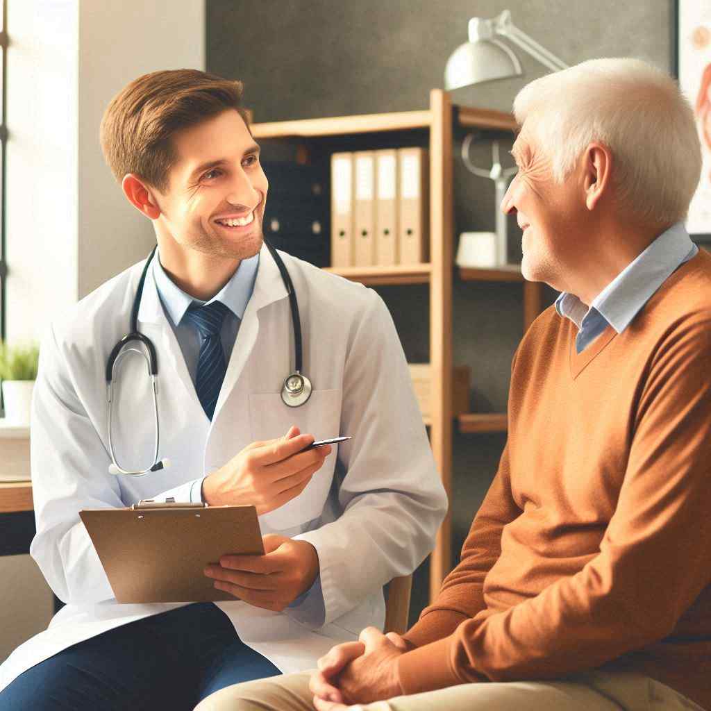A Medicare health professional in a white coat engages in a friendly conversation with an older man in a cozy office. The agent smiles as he discusses healthcare options, highlighting insights tailored for the client. This interaction demonstrates how effective use of Medicare sales leads from Aged Leads Depot obtained from a targeted list can facilitate meaningful connections with prospects.