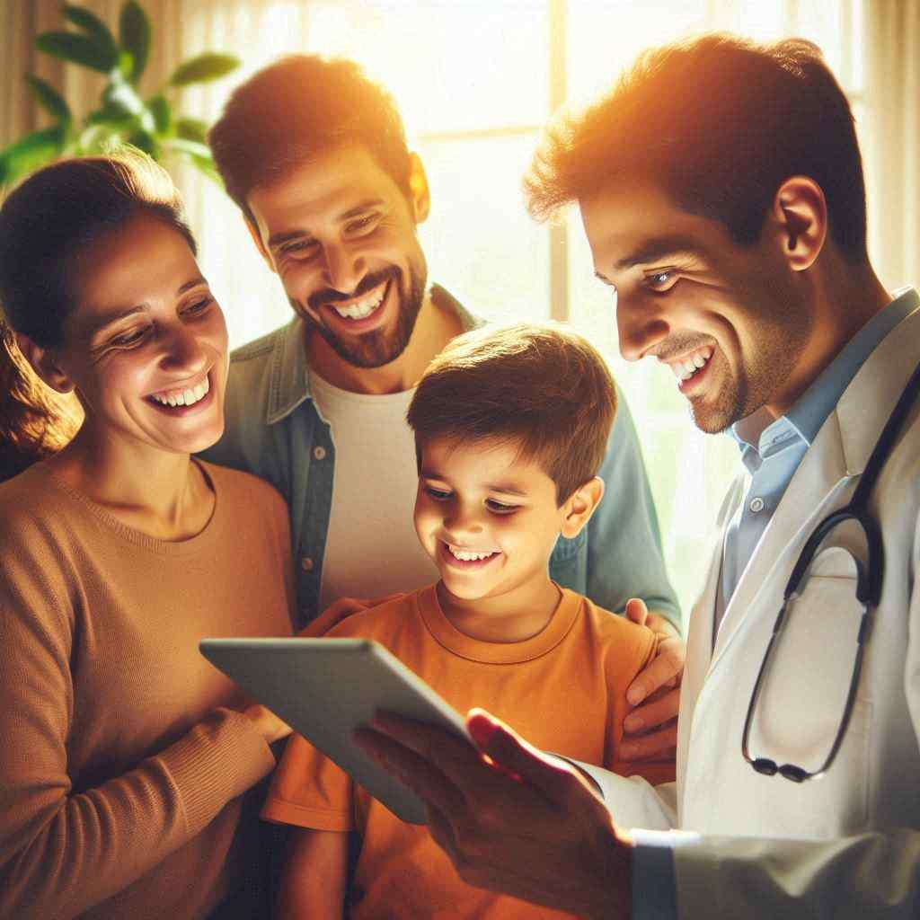 A smiling doctor discusses health information with a happy family, having secured this client from a list of health insurance leads from Aged Leads Depot.