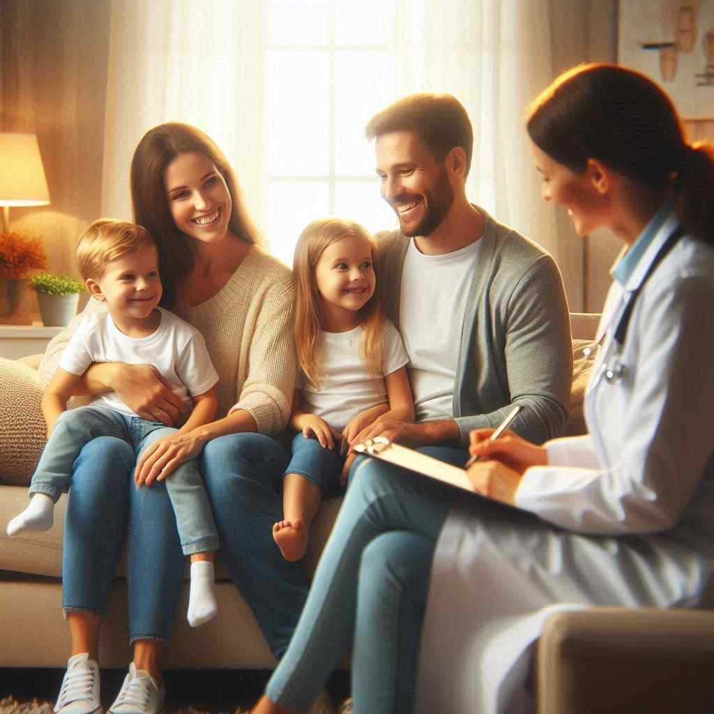 A doctor sits across from a smiling family on a couch, taking notes during their consultation. This interaction illustrates the relationship formed through ACA insurance leads from Aged Leads Depot, emphasizing attentive healthcare.