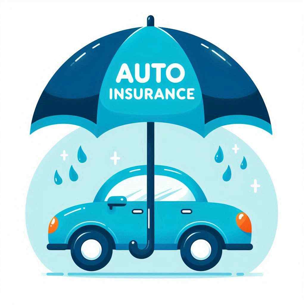 An illustration of a blue car protected by a large umbrella labeled "AUTO INSURANCE." The design conveys safety and security, emphasizing the importance of coverage. This imagery reflects a scenario where the salesperson has connected with a prospect from a list of auto insurance leads, highlighting proactive protection for vehicle owners.