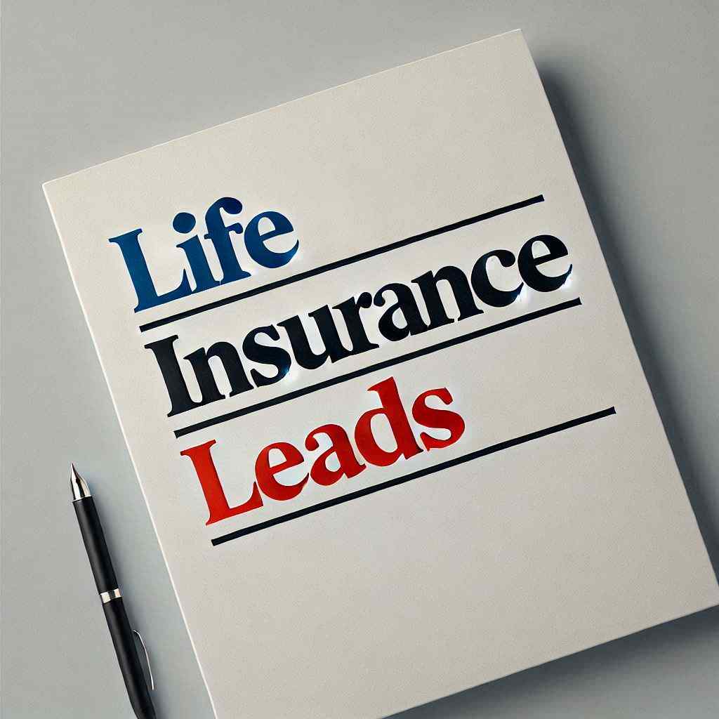 A life insurance agent secured this client from a list of aged life insurance leads from Aged Leads Depot, highlighted by a notebook prominently displaying the words "Life Insurance Leads" alongside a pen.