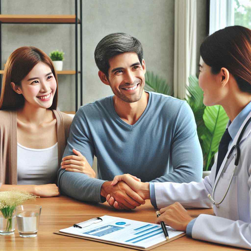 A doctor shakes hands with a smiling couple at a table, discussing health options. This meeting highlights the connection made through ACA health insurance leads from Aged Leads Depot, focusing on personalized care.