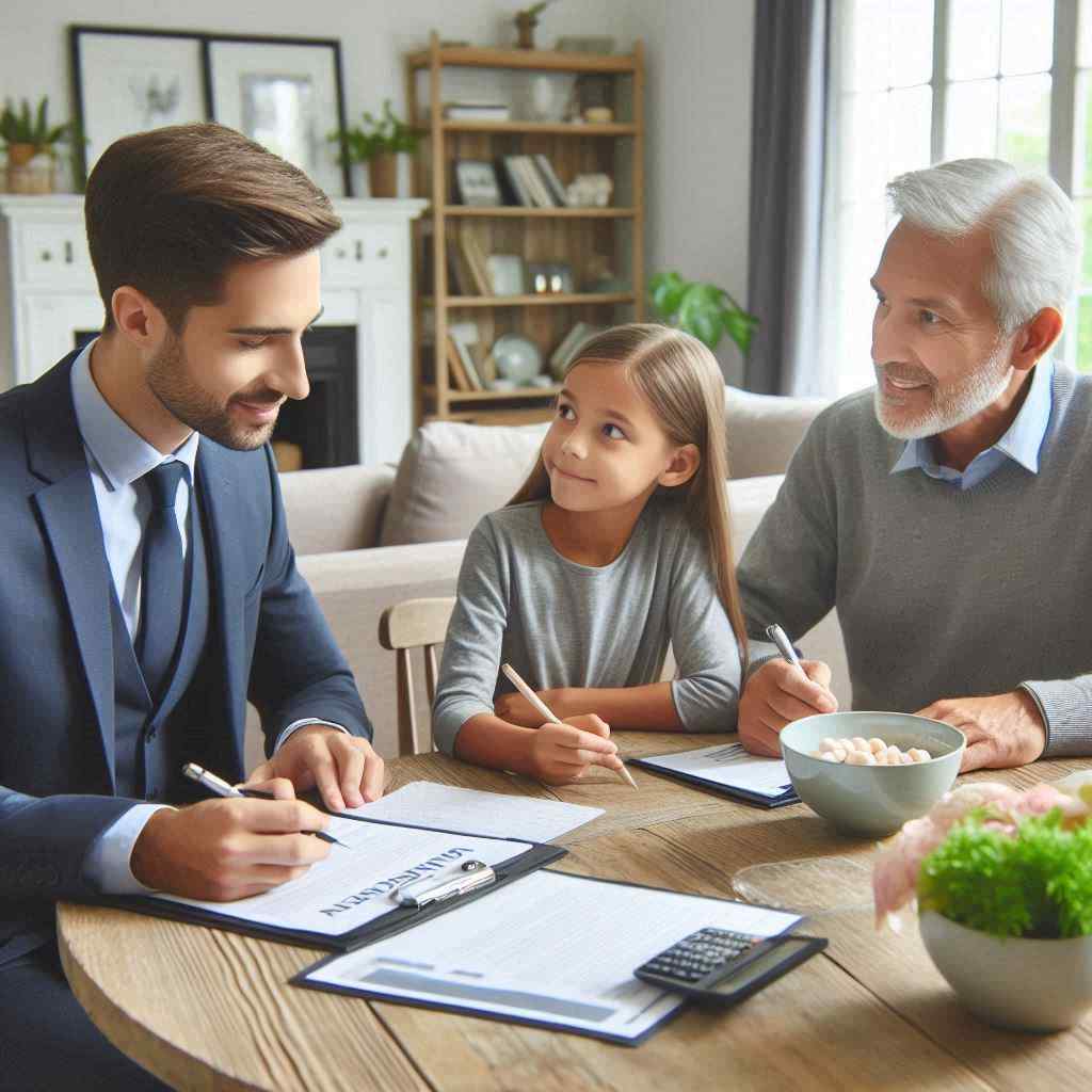 A friendly salesperson sits at a table with a family, discussing details while taking notes. The interaction highlights that the prospect was obtained from the best home insurance leads from Aged Leads Depot focusing on providing tailored insurance solutions.