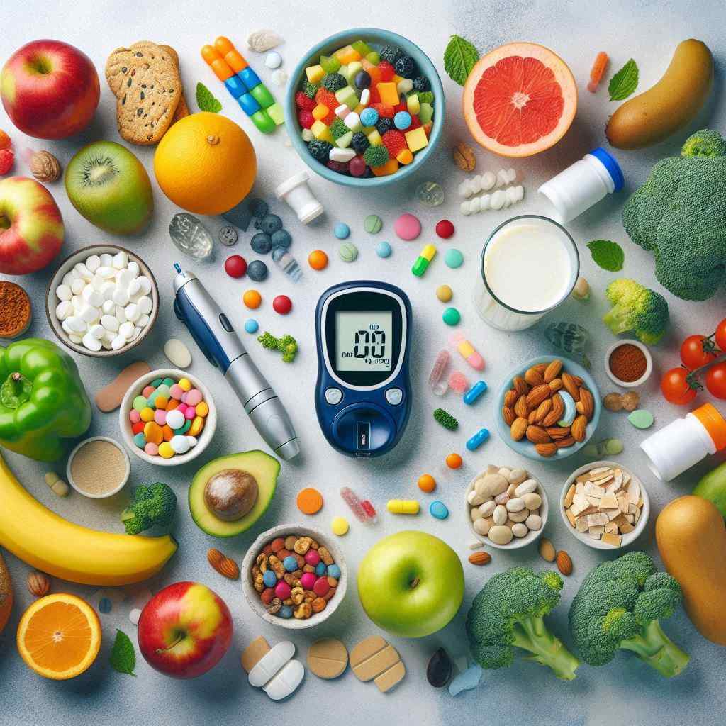 A variety of healthy foods and diabetes management tools are displayed around a blood glucose meter, indicating that the diabetic doctor secured this client from a list of ailment & diabetic leads from Aged Leads Depot.