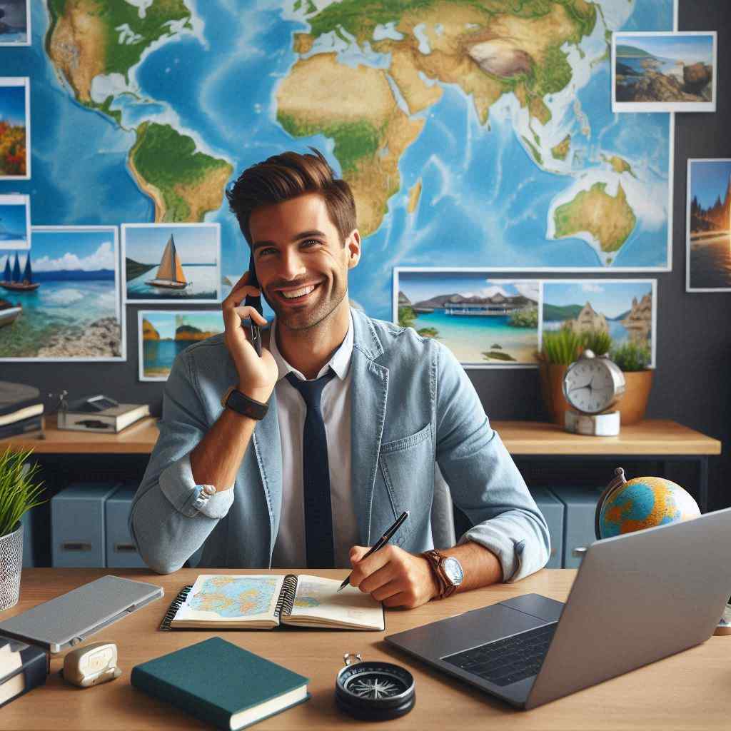 A cheerful travel agent on the phone in a stylish office, having secured this client from a list of travel leads for travel agents from Aged Leads Depot.