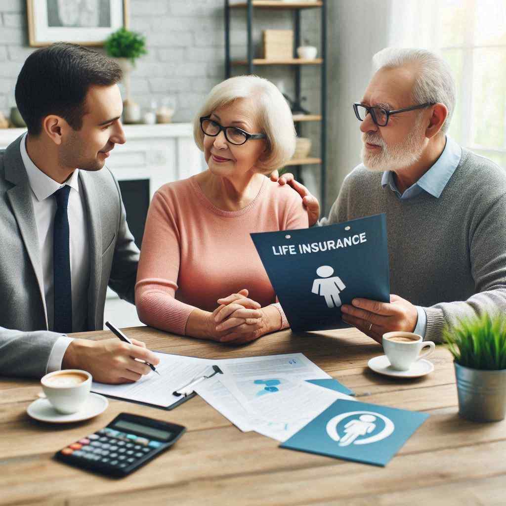  A financial advisor discusses life insurance options with a senior couple in a cozy office setting, that he got from aged life insurance leads from Aged Leads Depot for their future planning. The couple appears engaged, holding a life insurance document while sipping coffee.