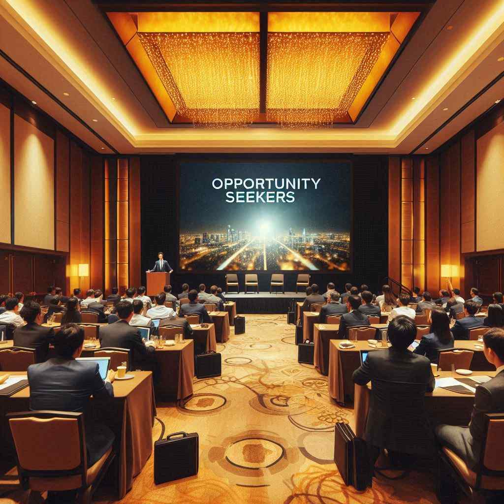 A business opportunity agent secured this client from a list of business opportunity seekers from Aged Leads Depot, addressing an audience in a conference room with "OPPORTUNITY SEEKERS" displayed on the screen.
