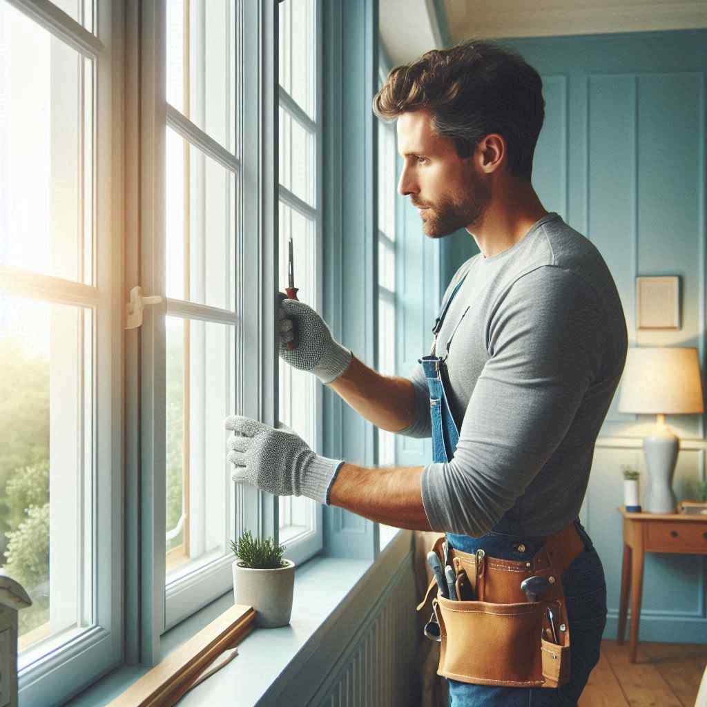 A window installation agent works on a window, indicating that he secured this client from a list of window replacement leads from Aged Leads Depot.