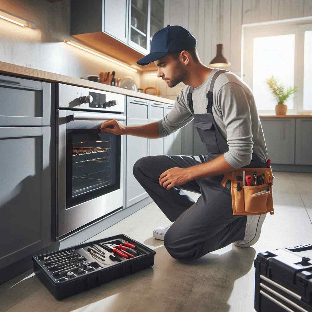 An appliance repair man inspects an oven while working on a job for a prospect from extended home warranty leads from Aged Leads Depot.