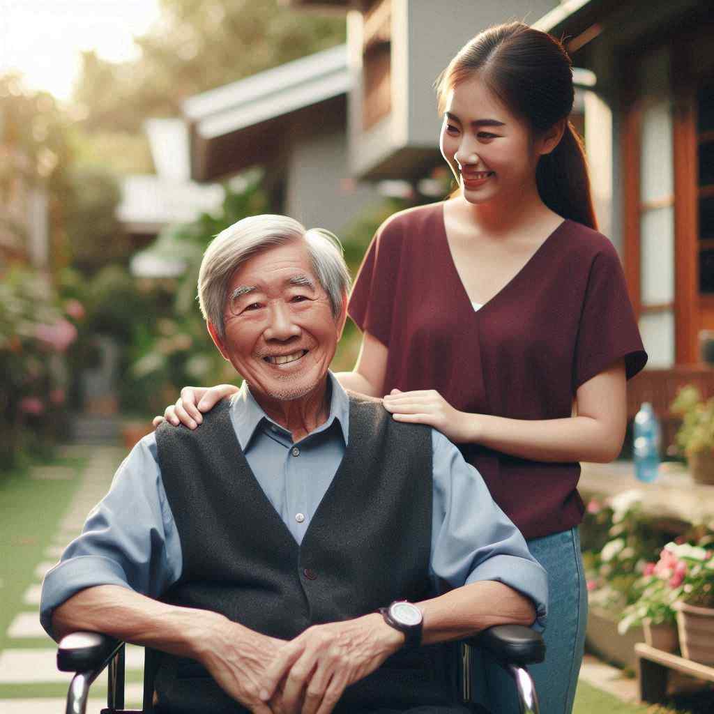 A DME healthcare professional stands behind a smiling elderly man in a wheelchair, indicating that she secured this client from a list of buy DME leads from Aged Leads Depot.