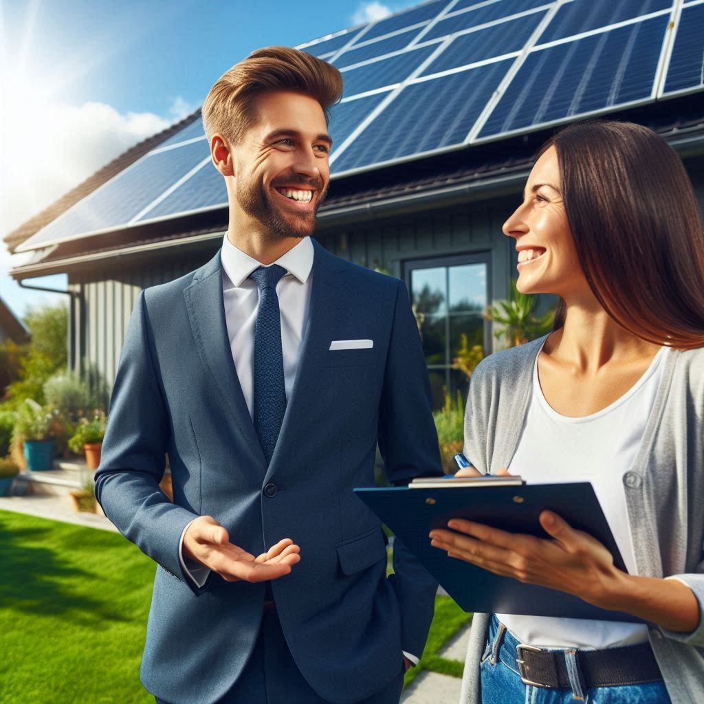 A solar salesperson, dressed in a professional suit, is engaging with a smiling prospect outside a home equipped with solar panels. The bright sunlight highlights the modern solar installation, creating a hopeful atmosphere for the sale. The prospect holds a clipboard, indicating they are interested in solar options from a list of solar leads from Aged Leads Depot.