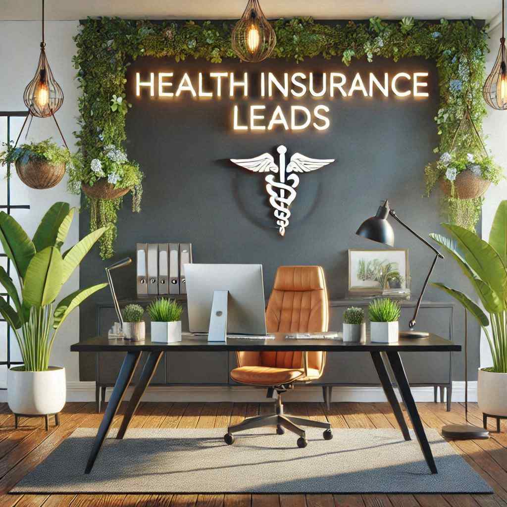 A modern office space features a sleek desk with a computer and decorative plants. Above, a neon sign reads "HEALTH INSURANCE LEADS," complemented by a caduceus symbol on the wall. Lush greenery and stylish lighting enhance the inviting atmosphere.