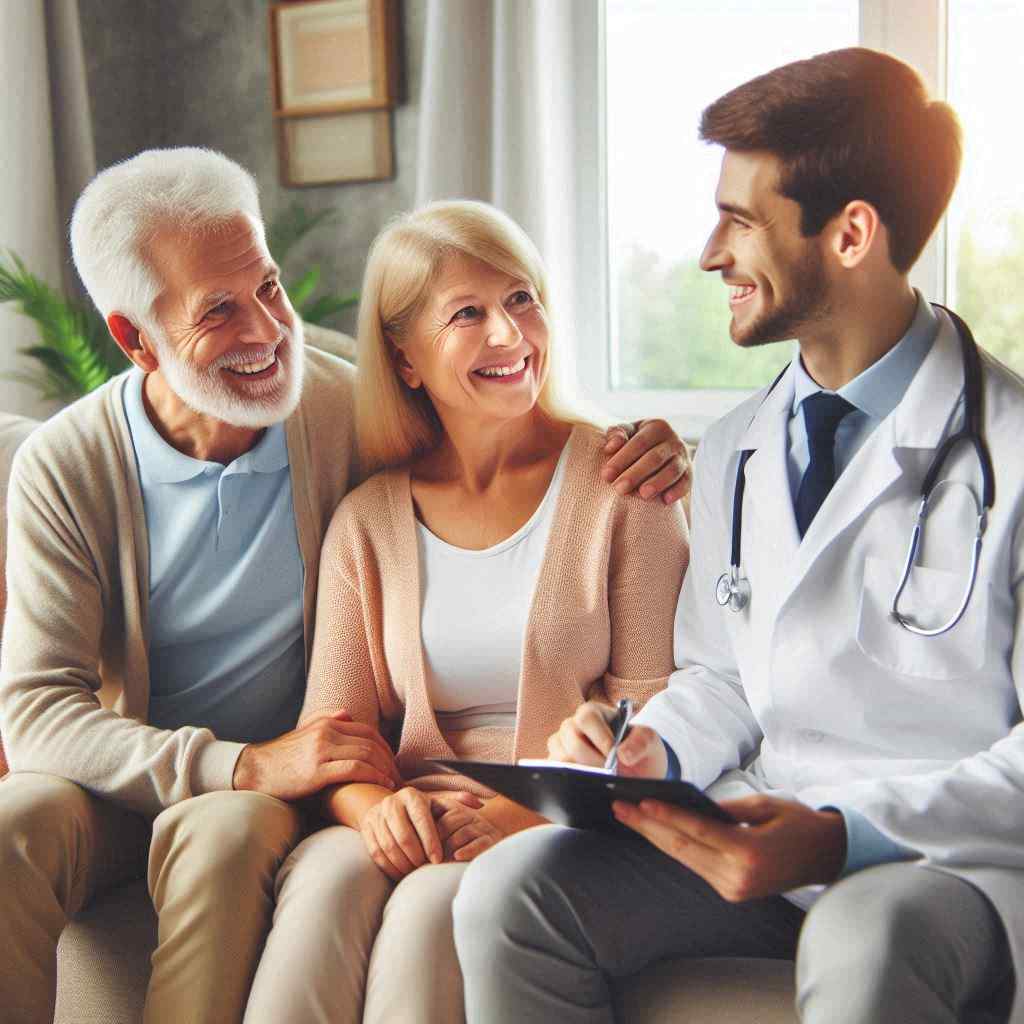 A Medicare health professional in a white coat engages with a senior couple in a comfortable living room. The couple smiles as they discuss their healthcare options, with the agent referencing insights tailored for them. This interaction highlights the importance of utilizing Medicare leads for agents from Aged Leads Depot, demonstrating how targeted outreach can enhance client relationships.