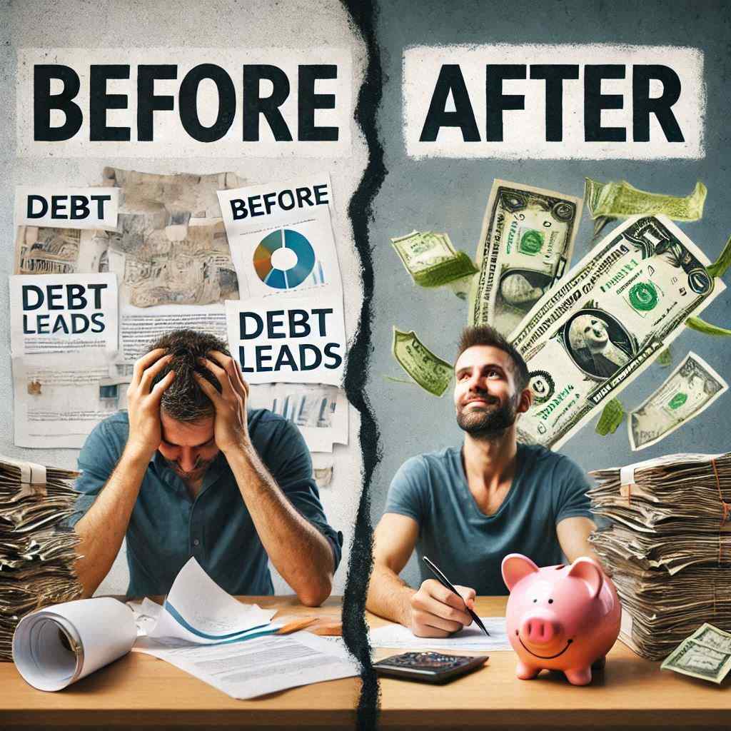 A split image depicting the transformation of a man from stressed over debt to happy with money. The debt agent acquired this client from a list of aged debt leads from Aged Leads Depot.