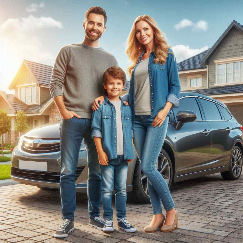 A smiling family stands in front of their car in a suburban neighborhood, showcasing a sense of happiness and security. The auto insurance agent, who connected with them through auto insurance leads, is discussing coverage options as they enjoy the sunny day together.