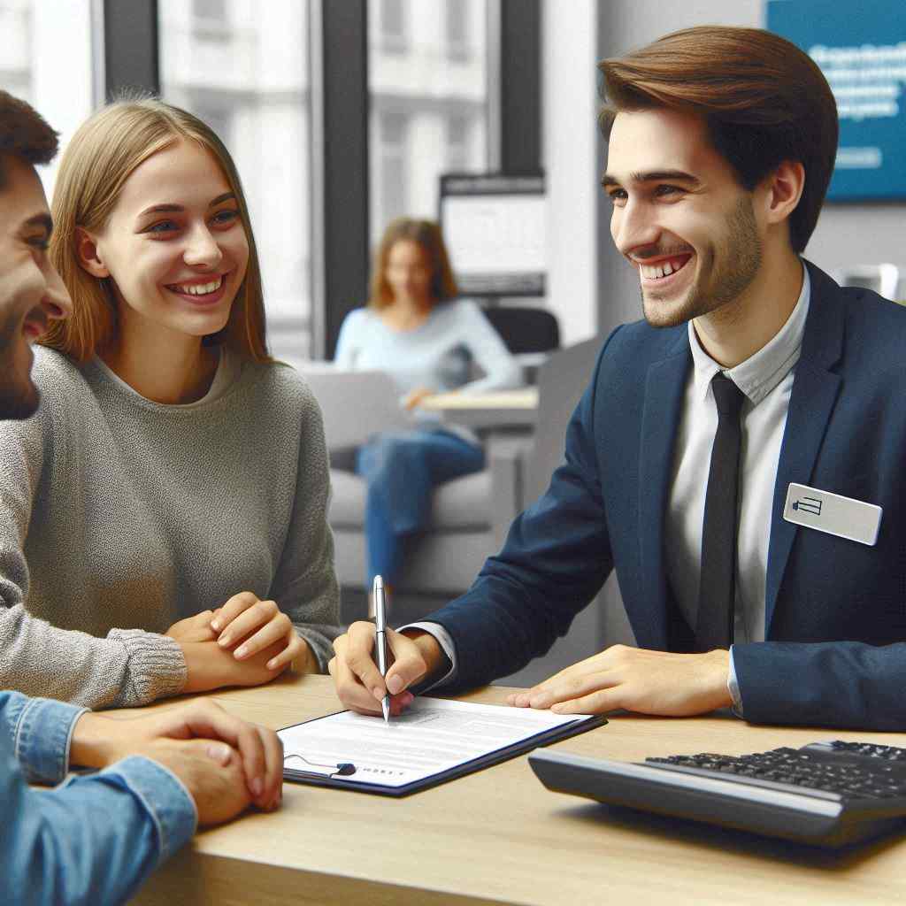 An MCA agent as he assists a young couple at a table, indicating that he secured this client from a list of best MCA leads from Aged Leads Depot.