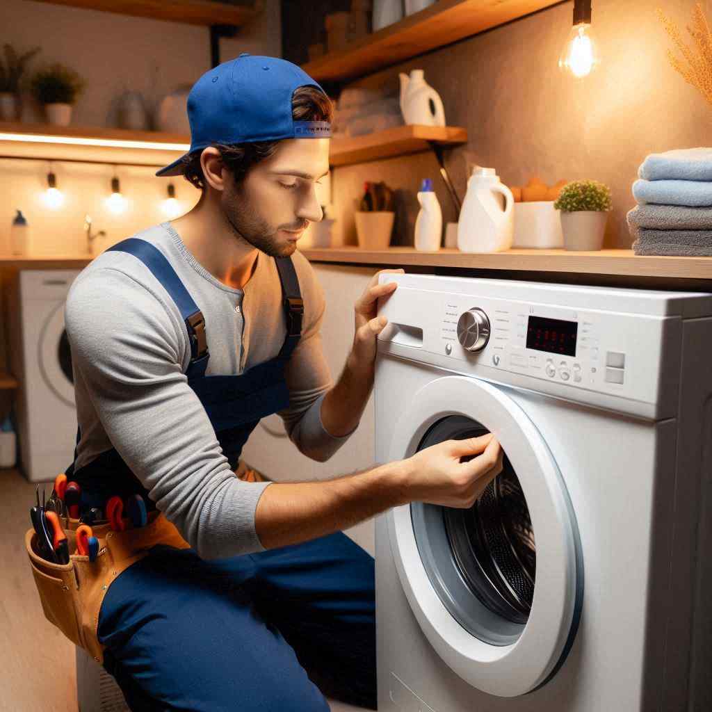 An appliance repair man fixes a washing machine for a prospect he obtained from buy home warranty leads from Aged Leads Depot.