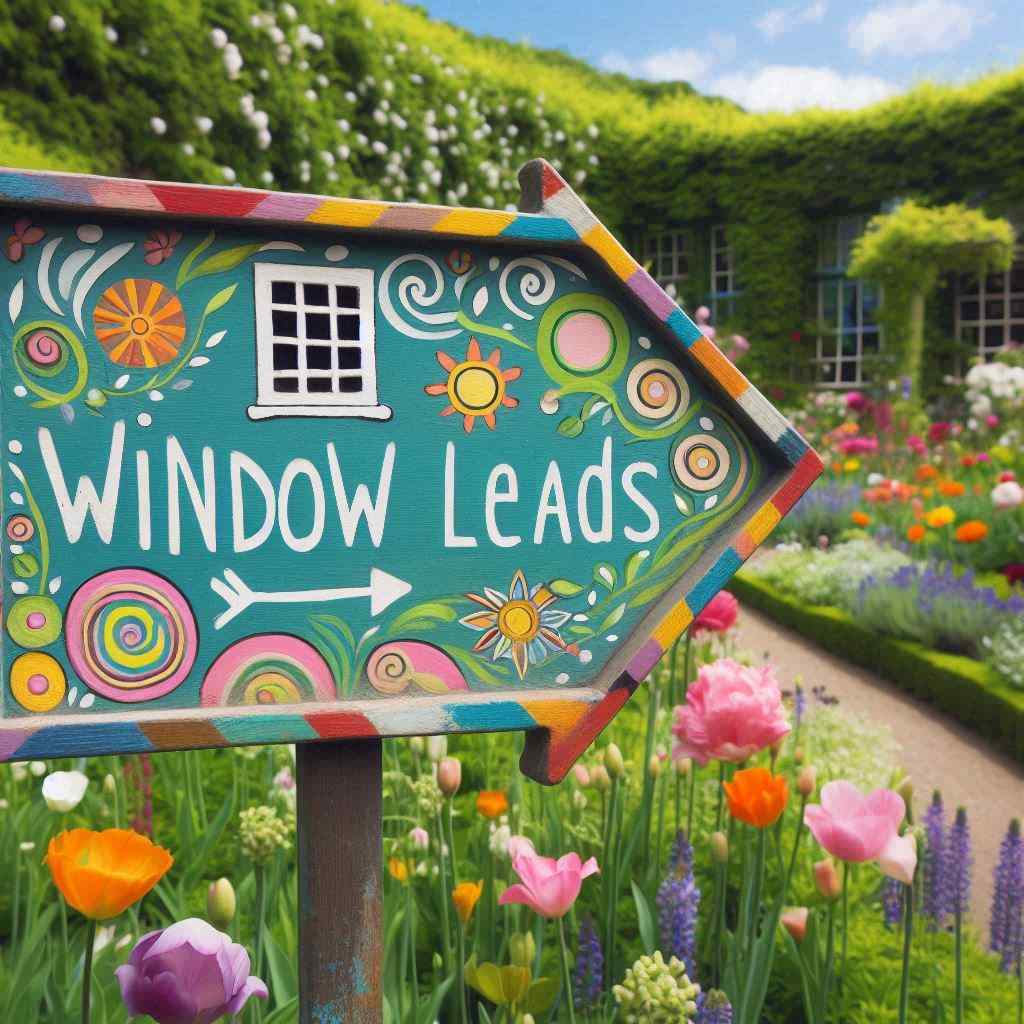 A colorful sign reading "WINDOW LEADS" points towards a vibrant flower garden, indicating that the window installation agent secured this client from a list of window leads from Aged Leads Depot.