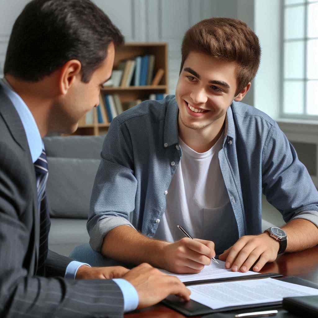 An MVA lawyer and a young client share a friendly moment at a table, indicating that the agent acquired this client from a list of buy MVA leads from Aged Leads Depot.