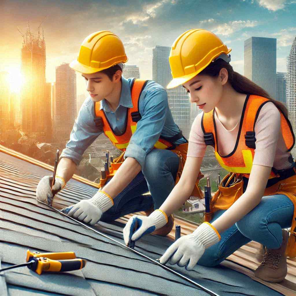 Two roofers in safety gear working on a sloped roof at sunset, using tools for a job obtained from the best roofing leads from Aged Lead Depot, with a city skyline in the background.