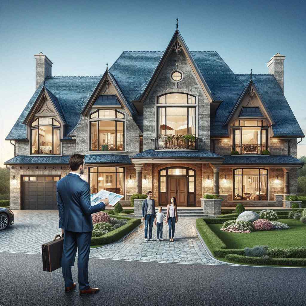 A well-dressed salesperson stands on a pathway, holding a brochure while observing a family with children approaching their grand house. This scene emphasizes the connection made through home insurance leads for agents from Aged Leads Depot ,showcasing the potential for future conversations about insurance options.