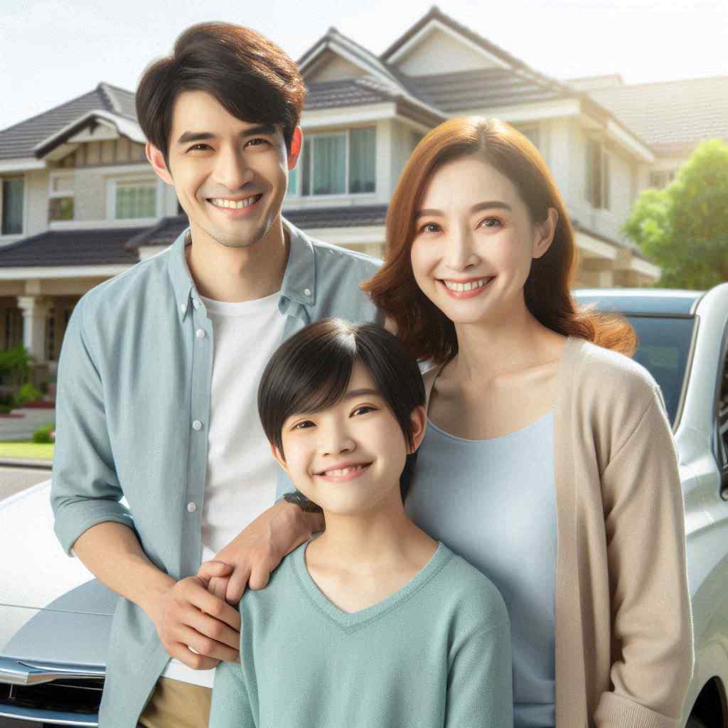 A smiling family poses together in front of their home and car, radiating joy and satisfaction. The auto insurance agent, who connected with them through a list of auto insurance internet leads, engages in friendly conversation about their insurance options, highlighting a personalized service experience.