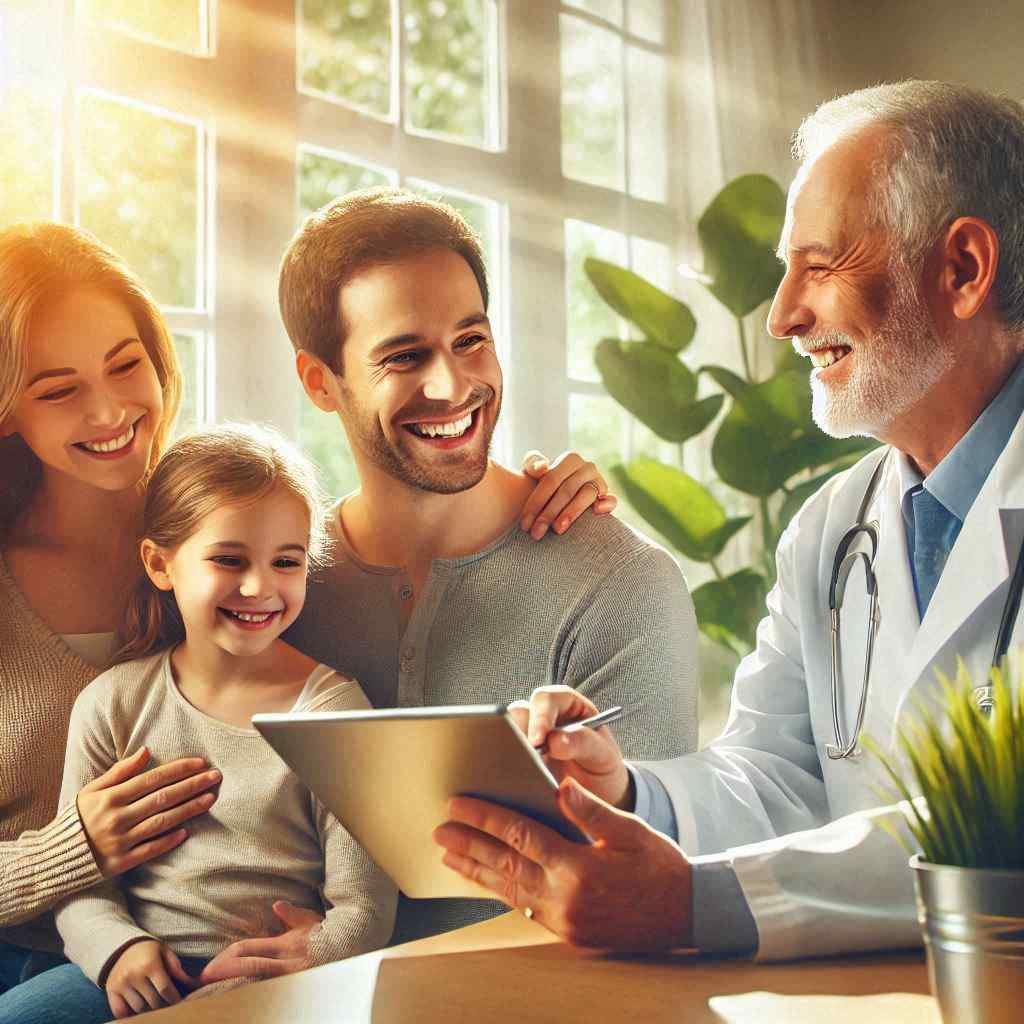A cheerful doctor smiles at a family, having acquired this client from a list of aged health insurance leads from Aged Leads Depot.