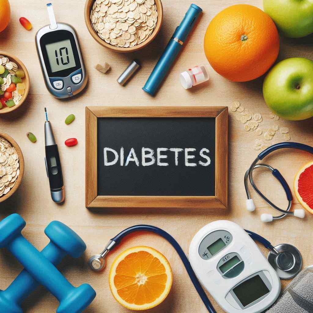 A variety of diabetes management tools and healthy foods are arranged around a chalkboard labeled "DIABETES," indicating that the diabetic doctor secured this client from a list of diabetic leads from Aged Leads Depot.