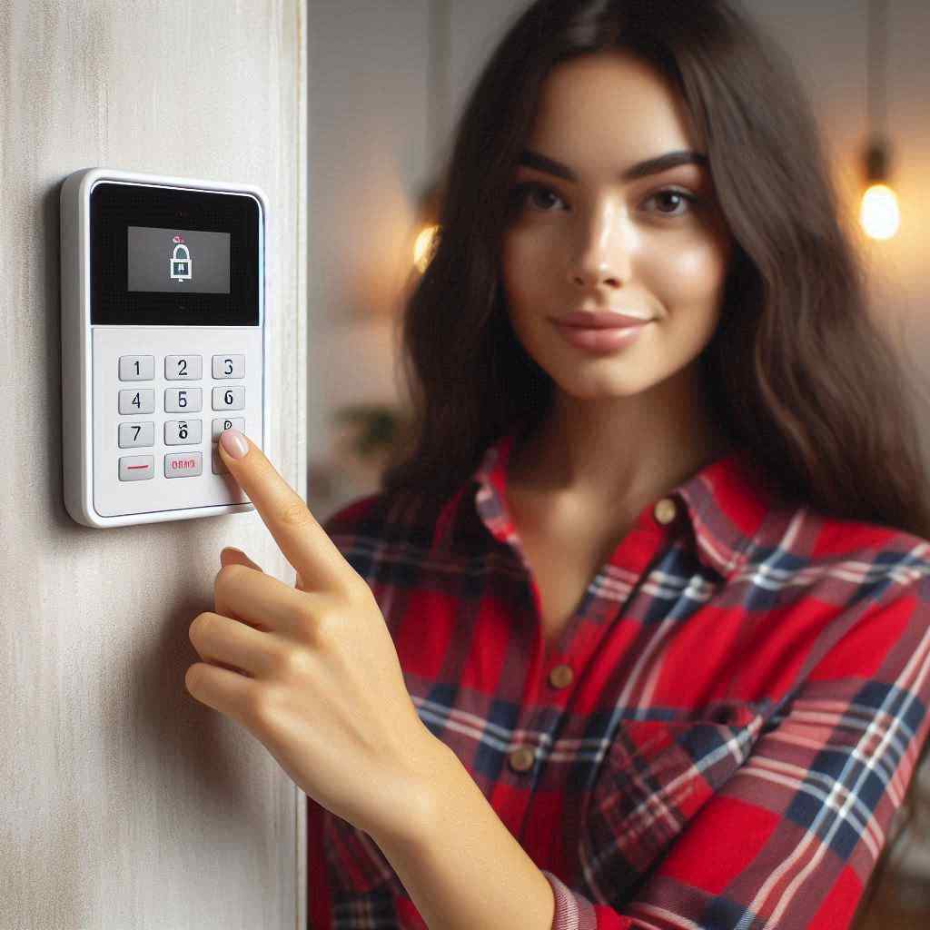 A home security agent secured this client from a list of home alarm leads from Aged Leads Depot, as a woman interacts with a security keypad.